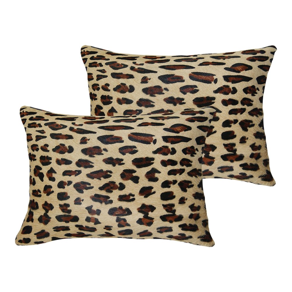 Set of Two 12" X 20" Brown and Black Leopard Cowhide Lumbar Throw Pillows