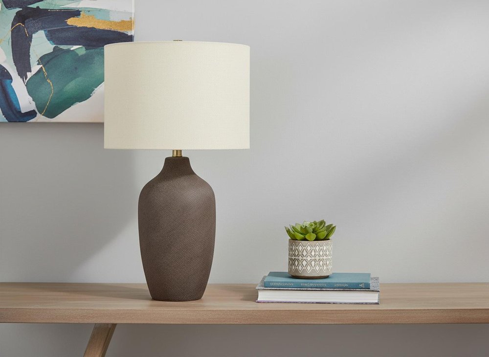 27" Gray Ceramic Urn Table Lamp With Beige Drum Shade