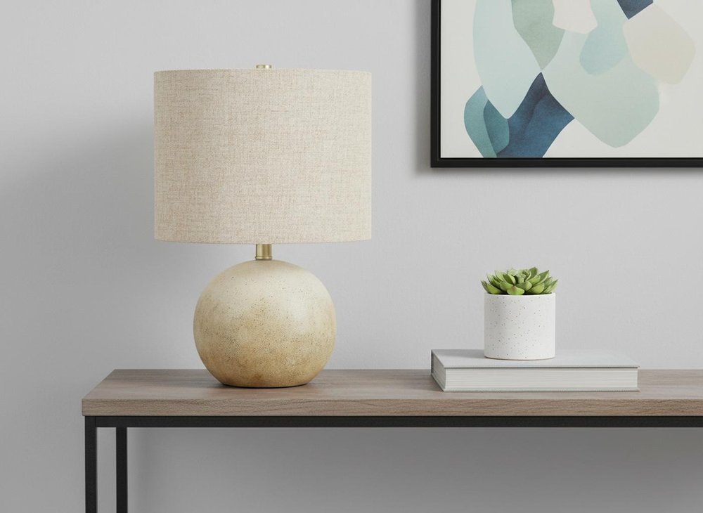 20" Beige Concrete Round Table Lamp With Beige Drum Shade