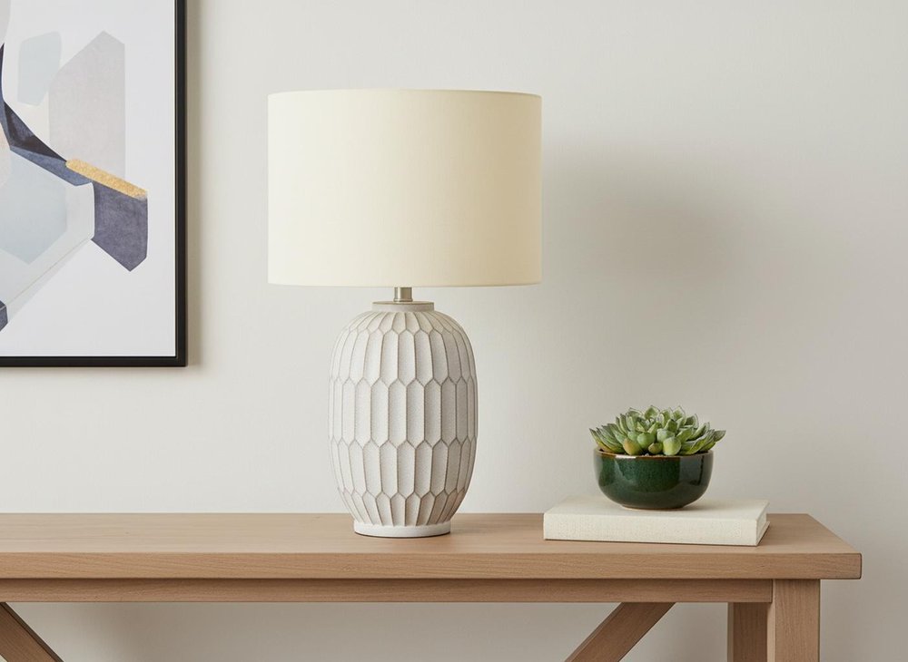24" Cream Geometric Table Lamp With Cream Drum Shade