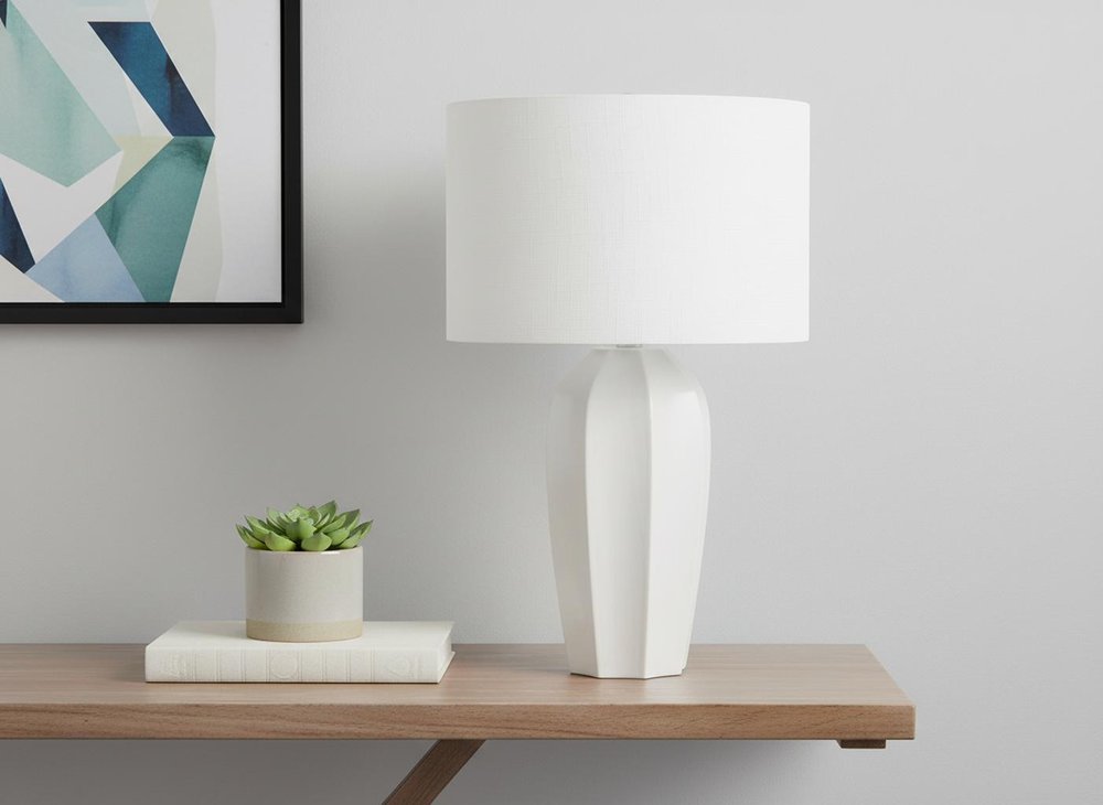 27" Cream Ceramic Geometric Table Lamp With Cream Drum Shade