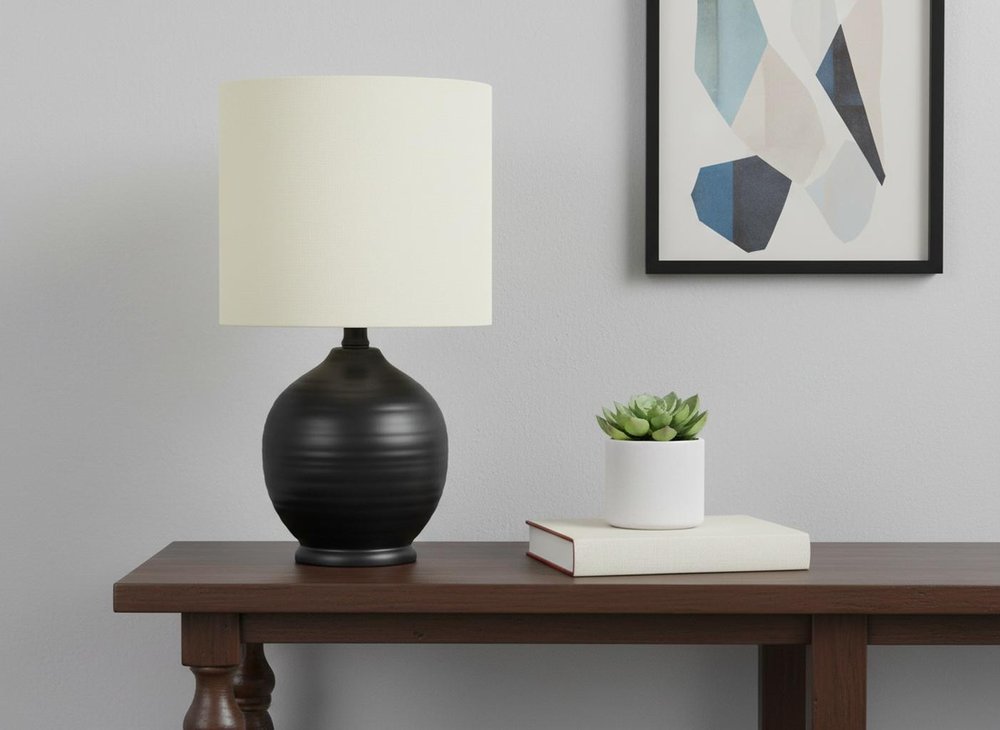 17" Black Ceramic Round Table Lamp With Ivory Drum Shade