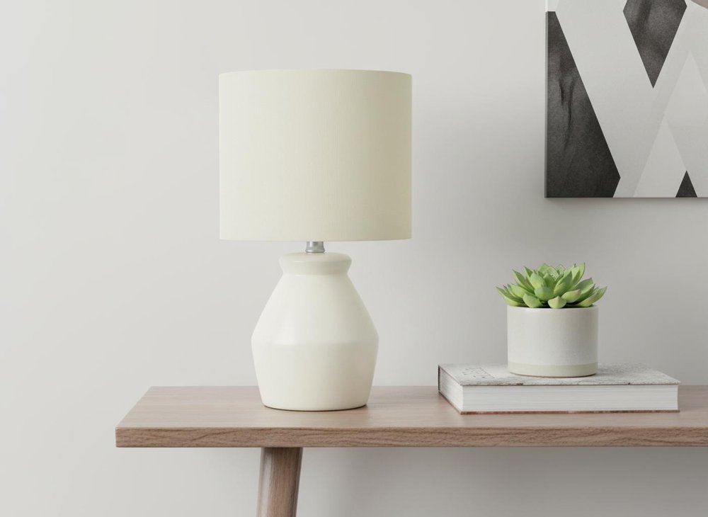 17" Cream Ceramic Geometric Table Lamp With Cream Drum Shade