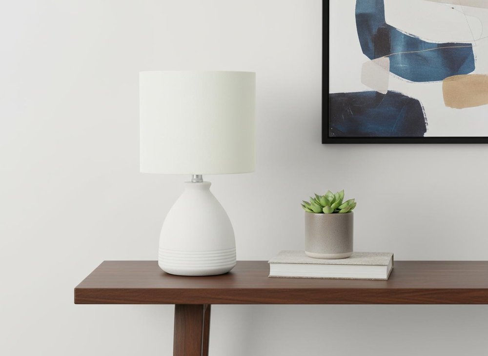 17" Cream Ceramic Round Table Lamp With Cream Drum Shade