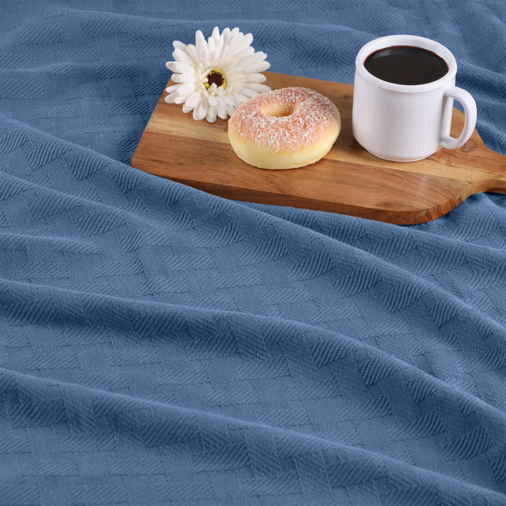 Queen Denim Blue Cotton Cable Knit Blanket