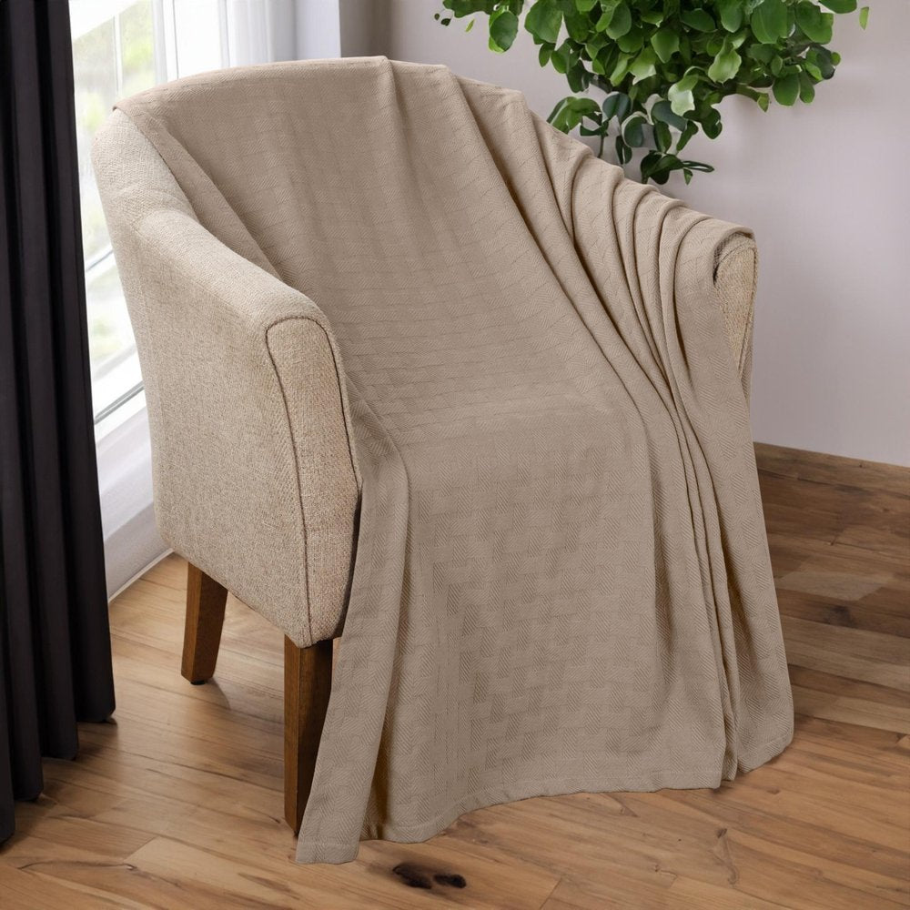 Queen Khaki Cotton Geometric Basketweave Blanket