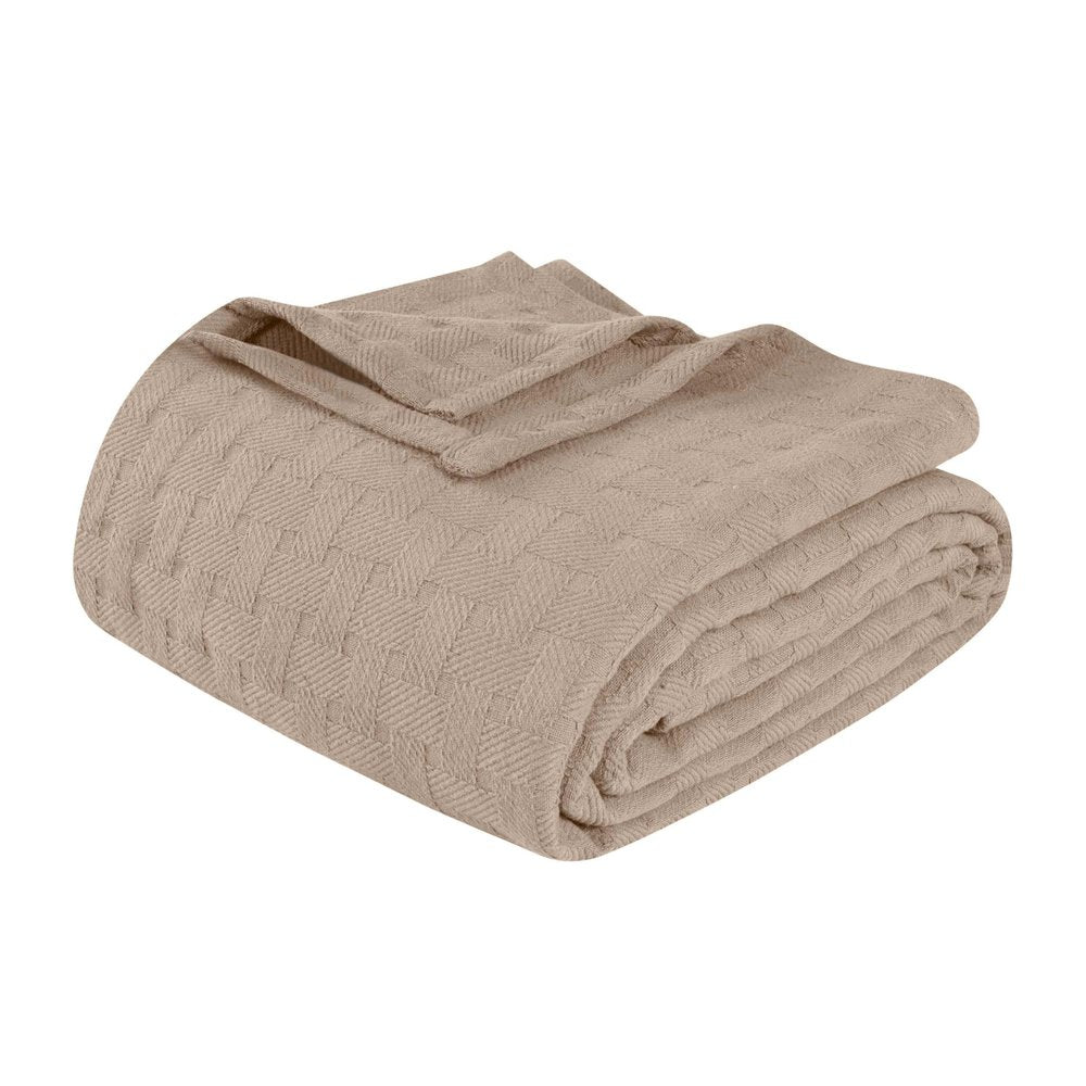 Queen Khaki Cotton Geometric Basketweave Blanket