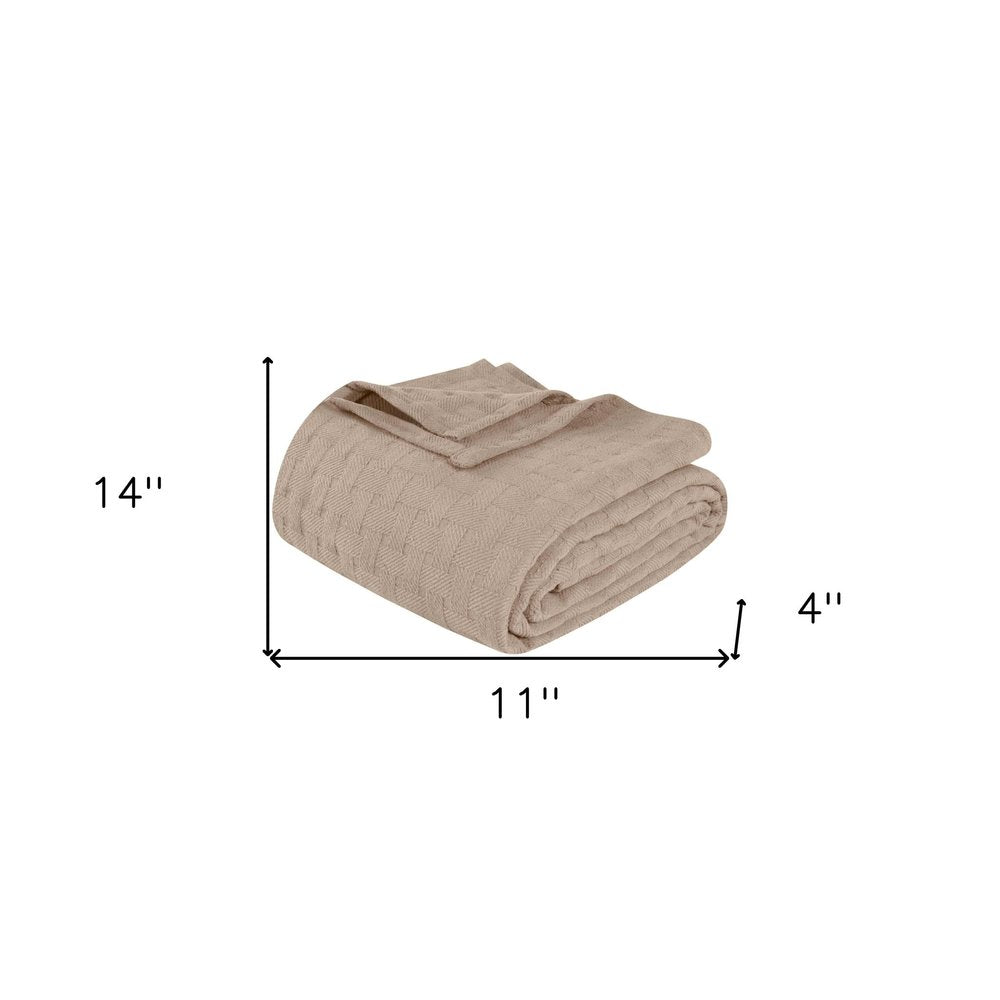 Queen Khaki Cotton Geometric Basketweave Blanket
