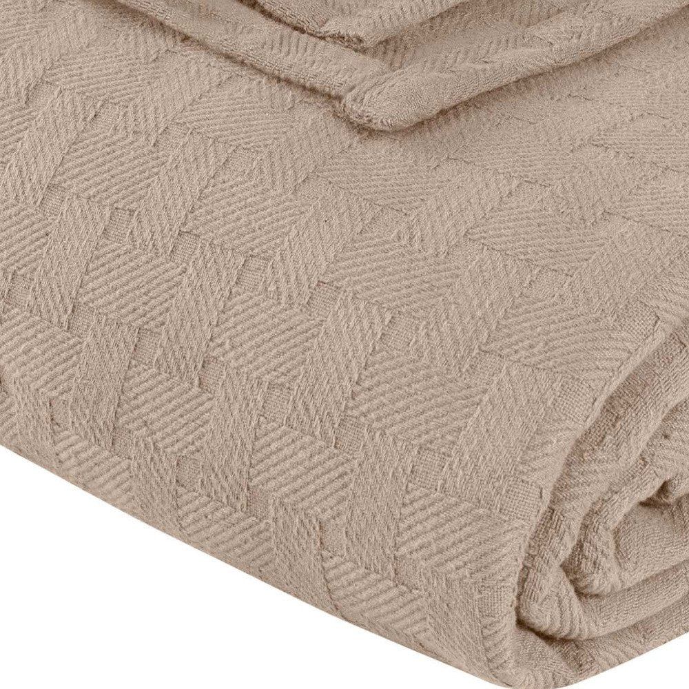 Queen Khaki Cotton Geometric Basketweave Blanket
