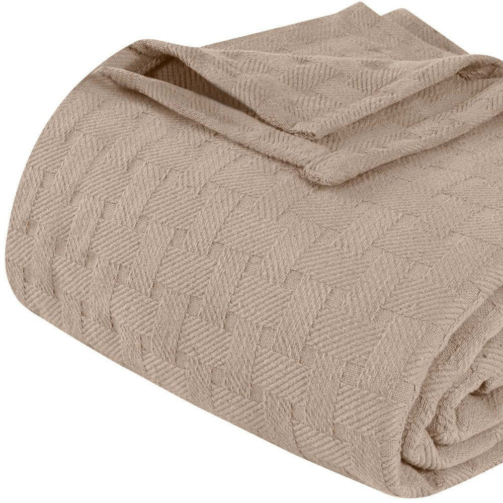 Queen Khaki Cotton Geometric Basketweave Blanket