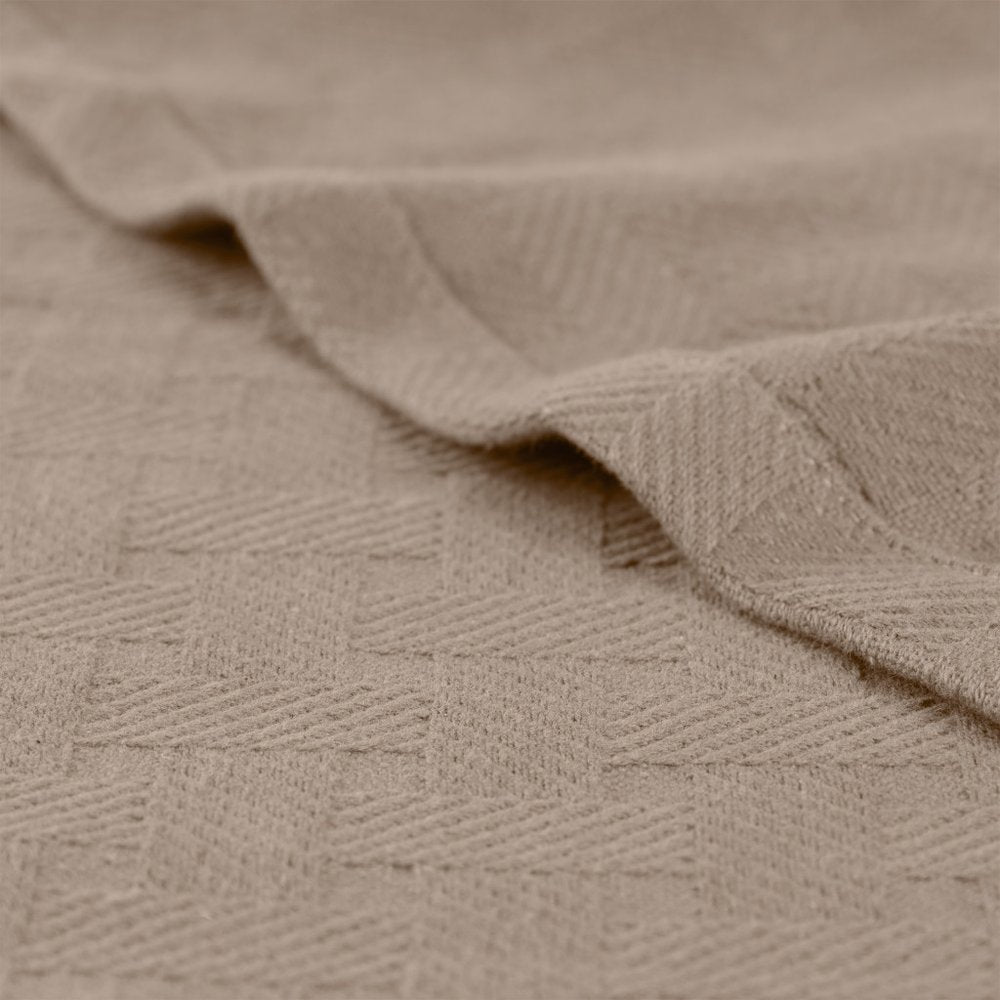 Queen Khaki Cotton Geometric Basketweave Blanket