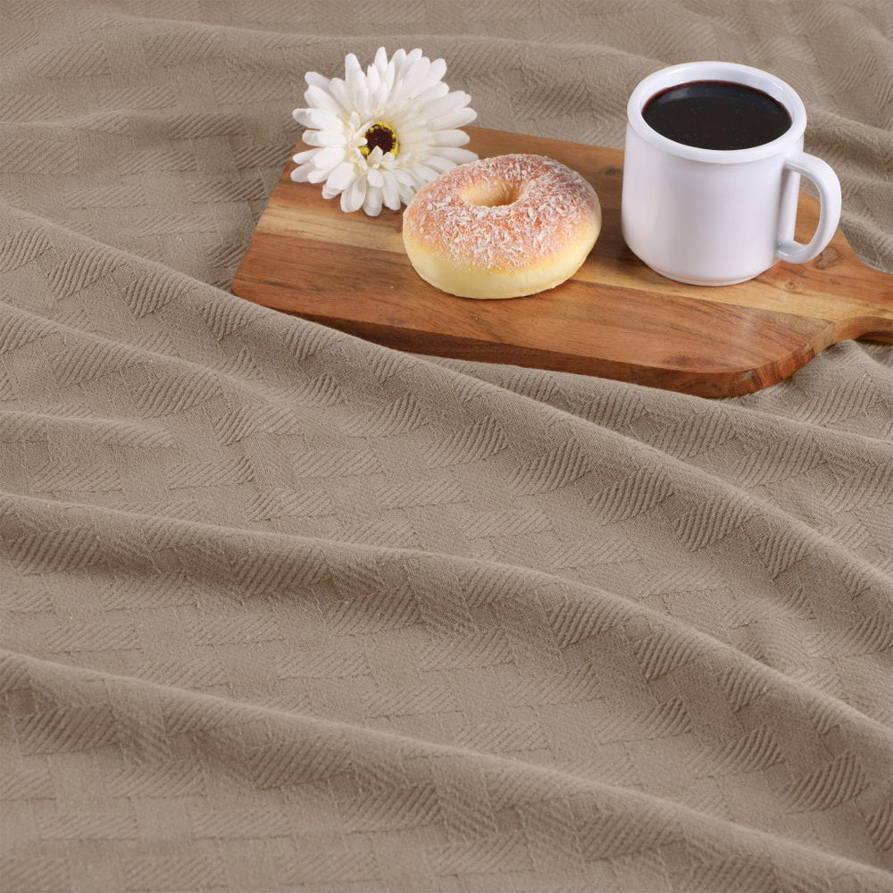 Queen Khaki Cotton Geometric Basketweave Blanket