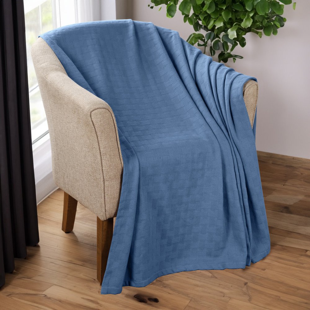 9" X 9" Denim Blue Cotton Geometric Basketweave Throw Blanket