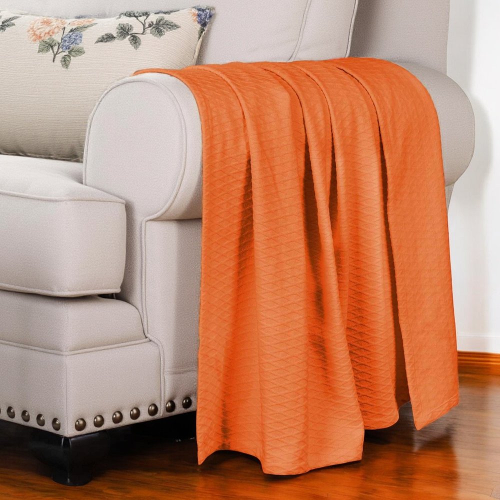 Twin Burnt Orange Cotton Woven Geometric Blanket