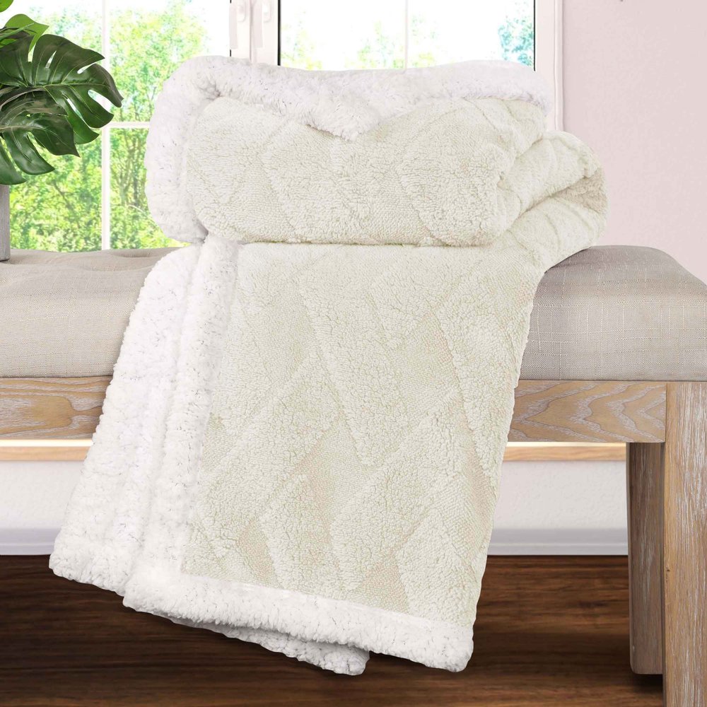 Queen Ivory Fleece Geometric Plush Blanket
