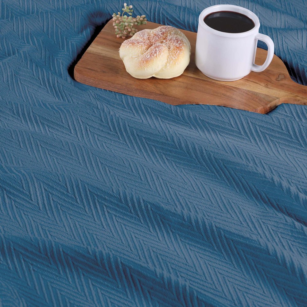 California King Denim Blue Cotton Woven Chevron Blanket