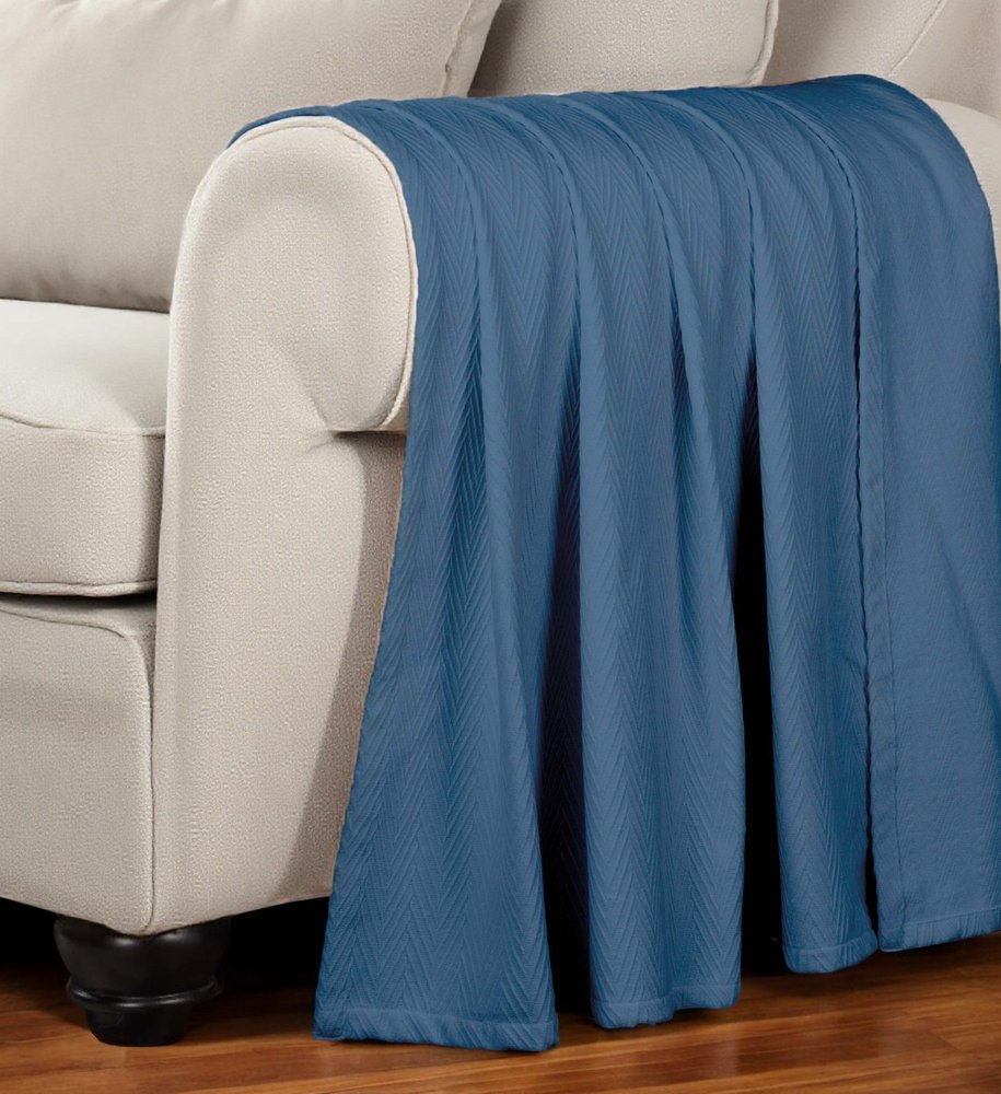 California King Denim Blue Cotton Woven Chevron Blanket