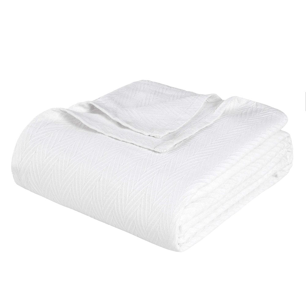 Queen White Cotton Woven Chevron Blanket