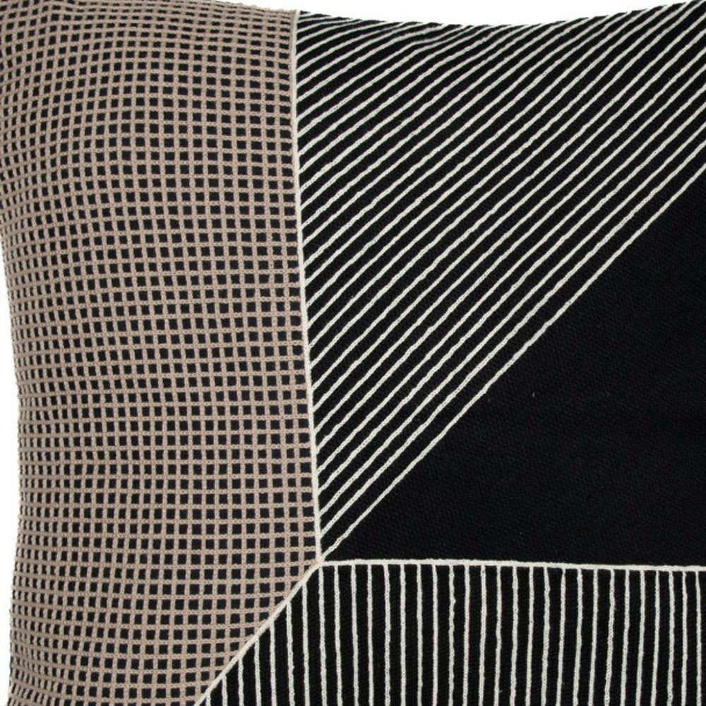24" Black and White Geometric Cotton Throw Pillow  With Embroidery