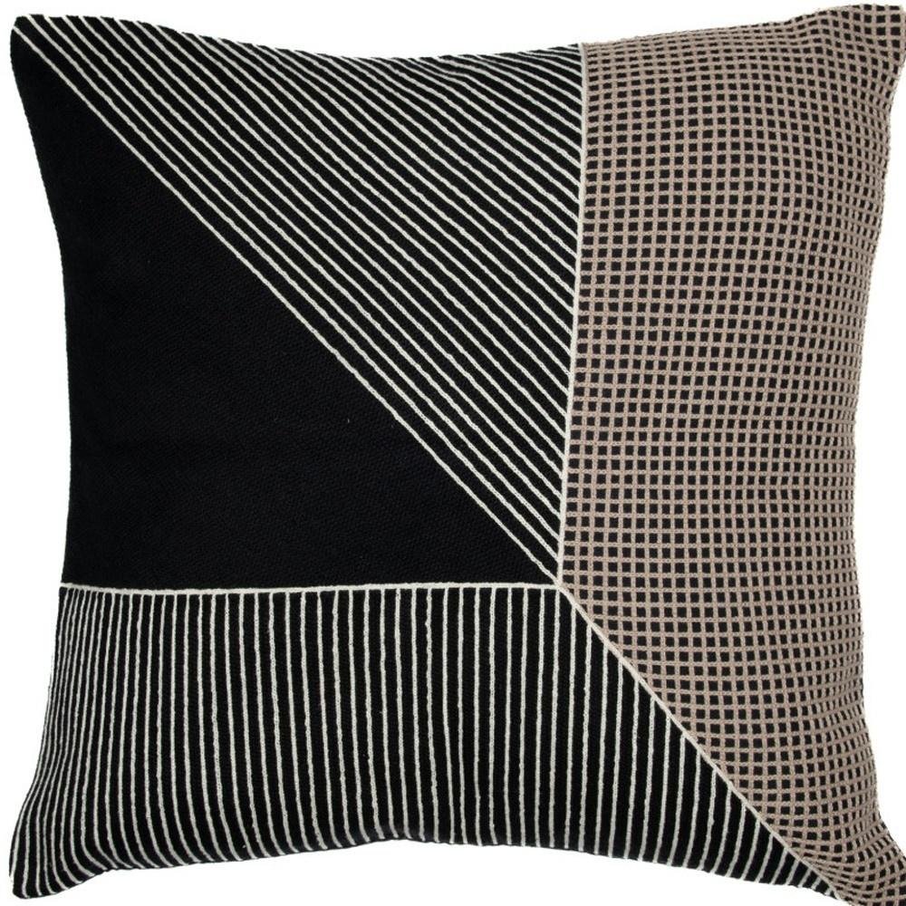 24" Black and White Geometric Cotton Throw Pillow  With Embroidery