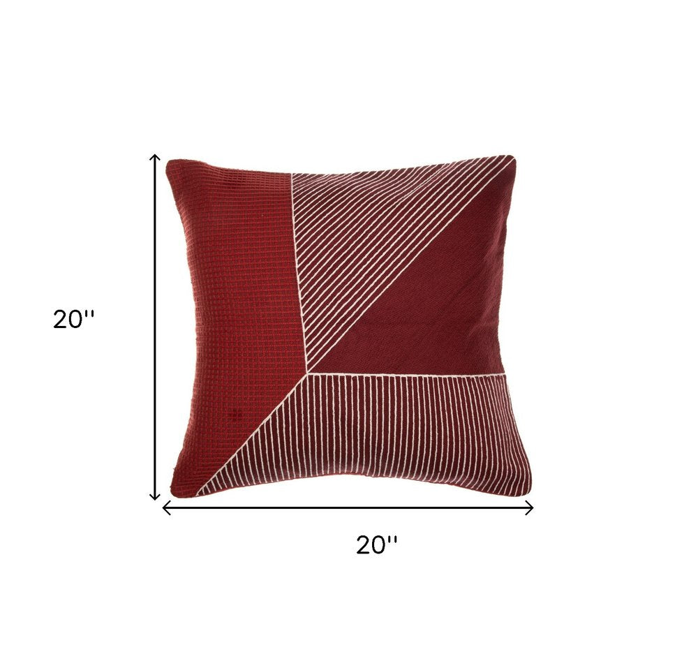 20" Red and White Geometric Cotton Throw Pillow With Embroidery