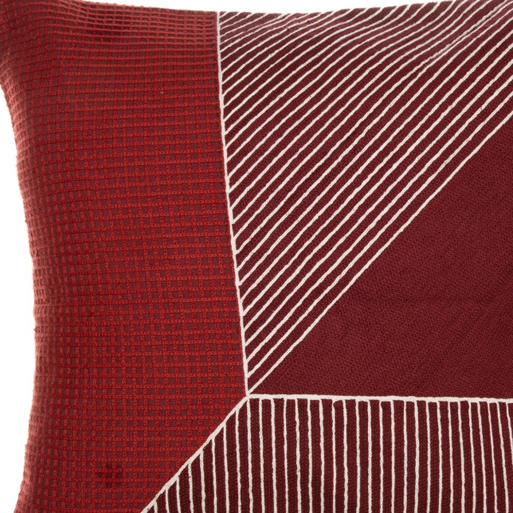 24" Red and White Geometric Cotton Throw Pillow With Embroidery
