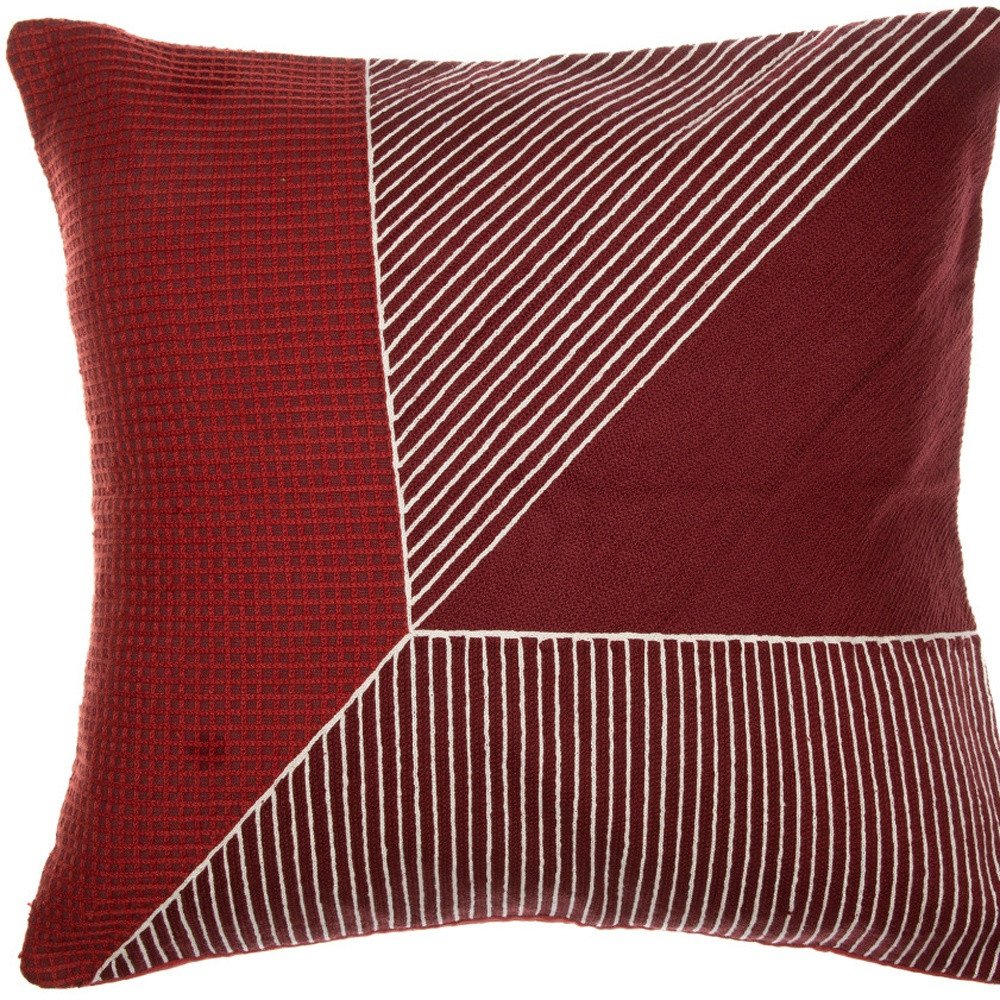 24" Red and White Geometric Cotton Throw Pillow With Embroidery