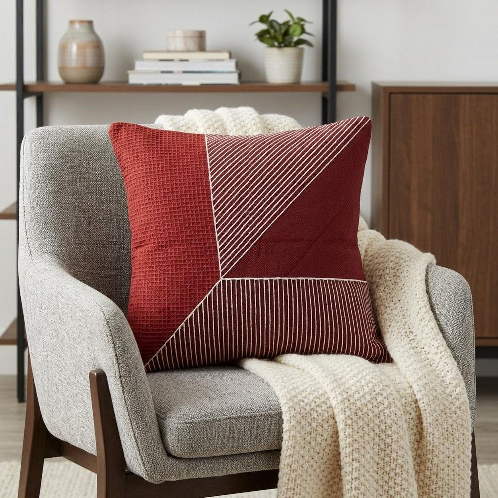 24" Red and White Geometric Cotton Throw Pillow With Embroidery
