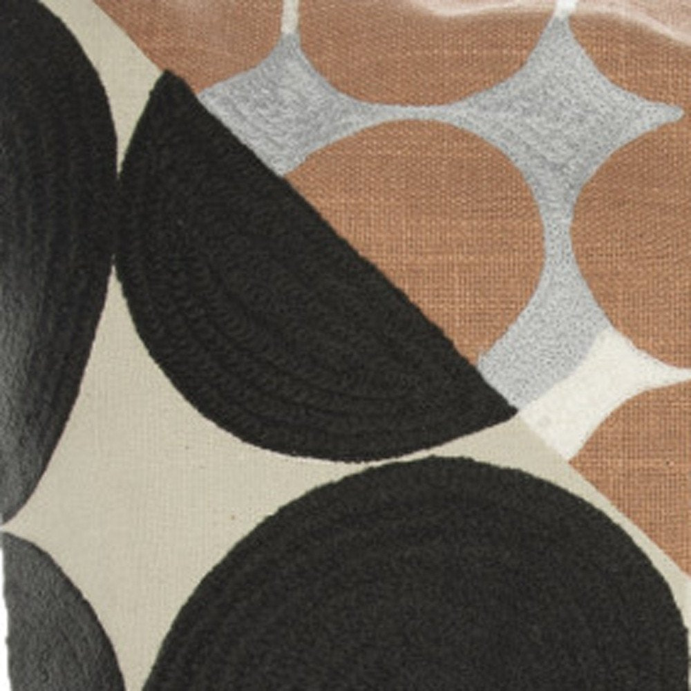 24" Beige and Black Geometric Cotton Throw Pillow With Embroidery