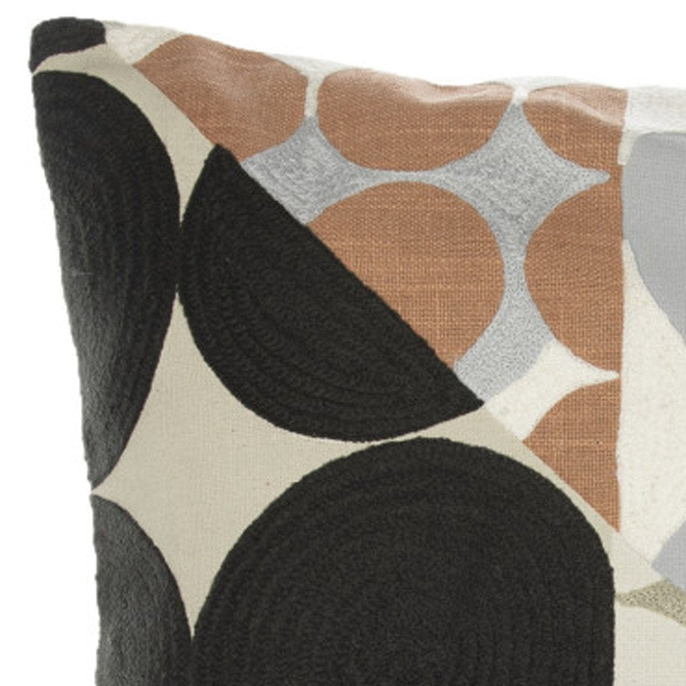 24" Beige and Black Geometric Cotton Throw Pillow With Embroidery