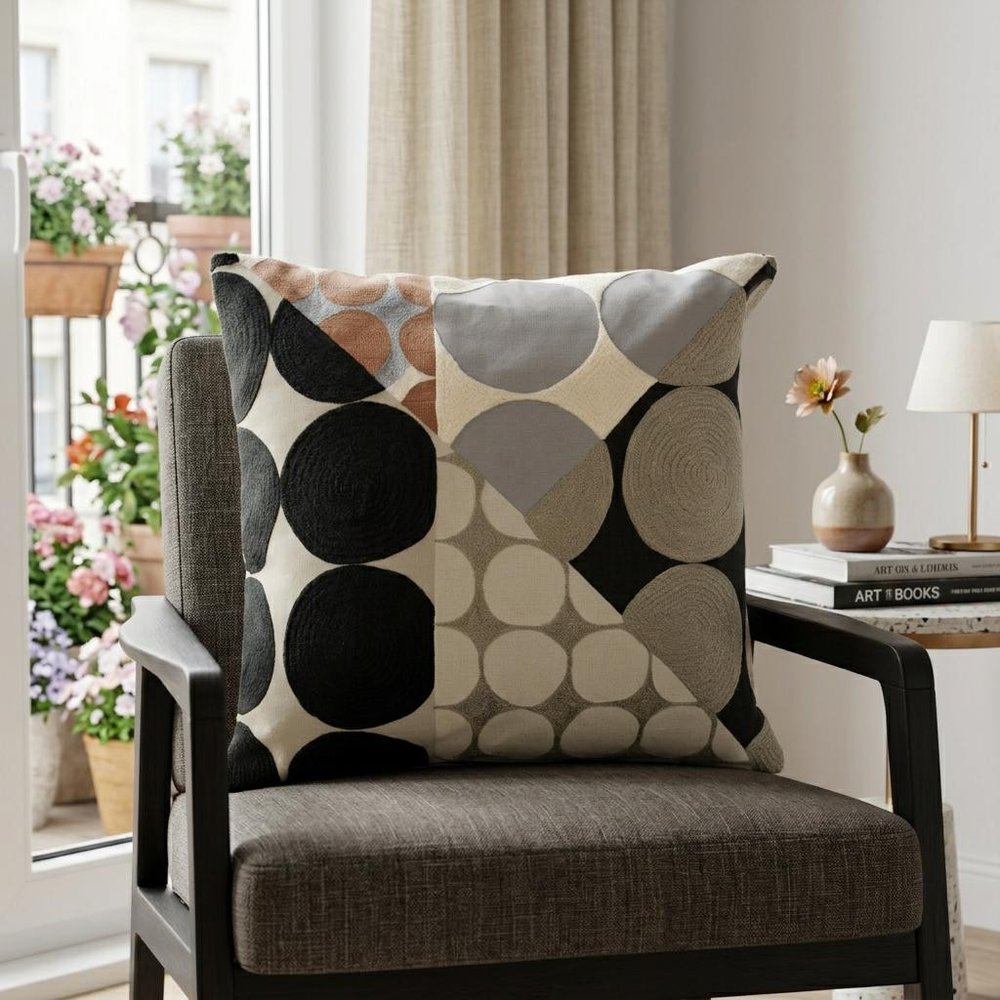 24" Beige and Black Geometric Cotton Throw Pillow With Embroidery
