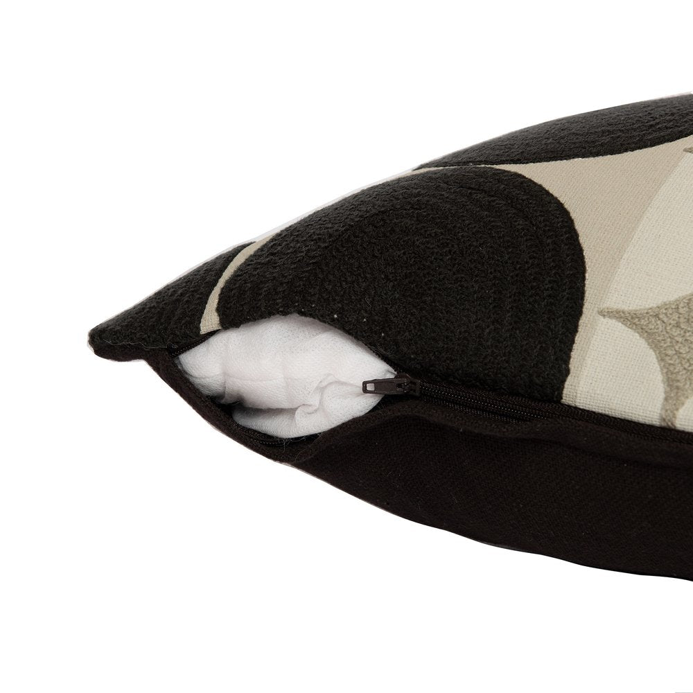 24" Beige and Black Geometric Cotton Throw Pillow With Embroidery