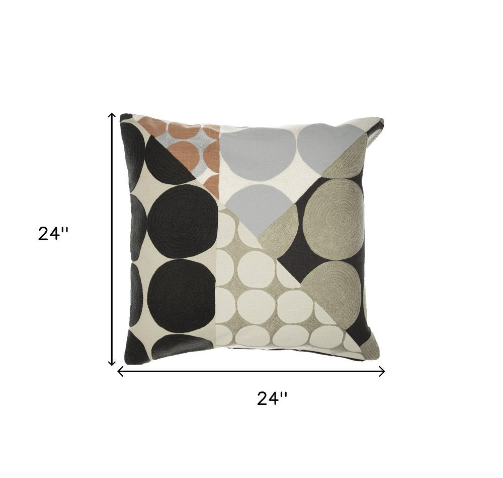 24" Beige and Black Geometric Cotton Throw Pillow With Embroidery