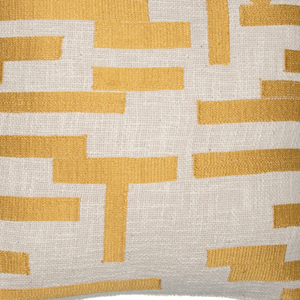 24" Yellow and Ivory Geometric Cotton Blend Throw Pillow With Embroidery