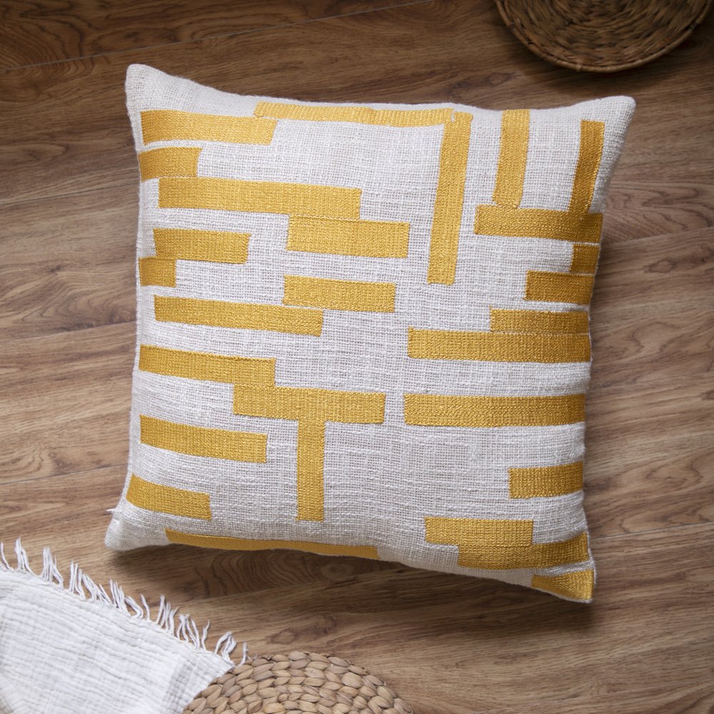24" Yellow and Ivory Geometric Cotton Blend Throw Pillow With Embroidery