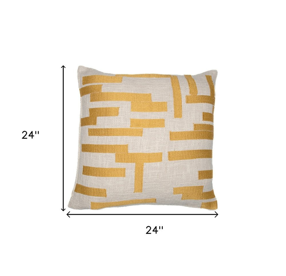 24" Yellow and Ivory Geometric Cotton Blend Throw Pillow With Embroidery