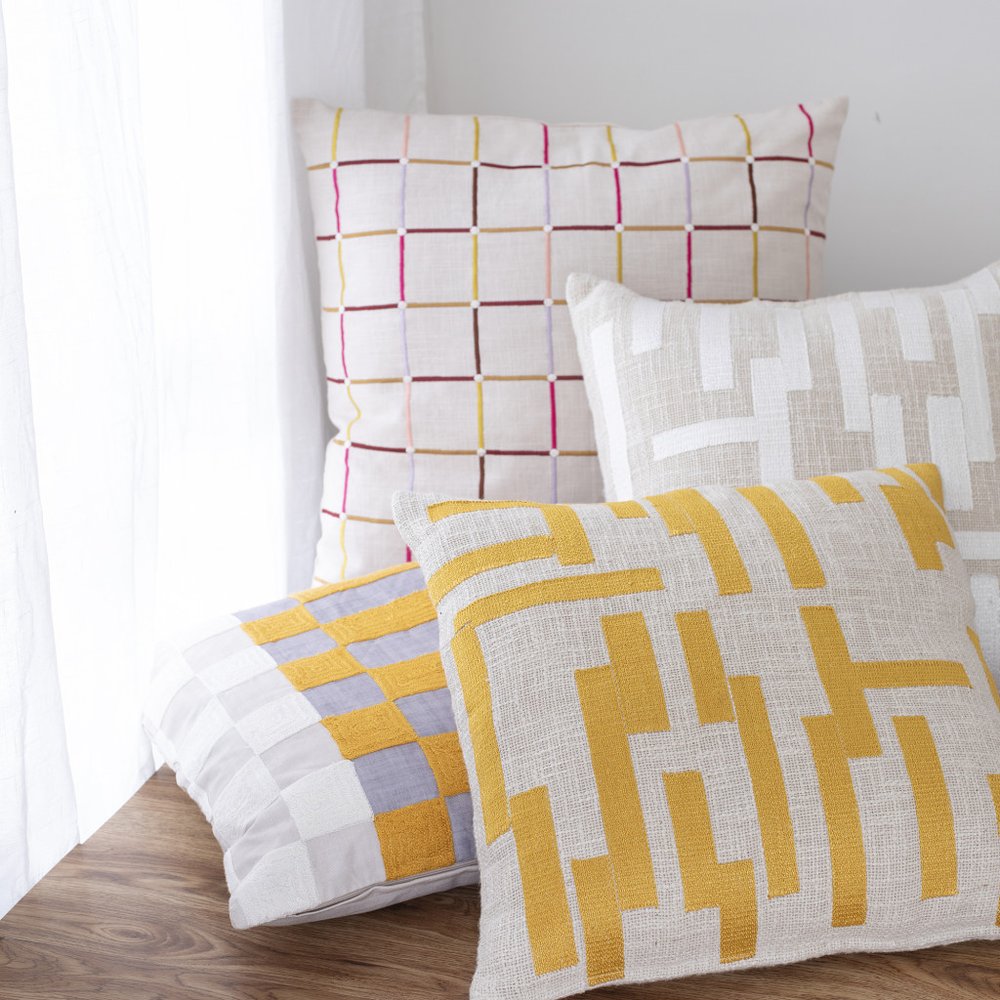 24" Ivory Cotton Blend Throw Pillow with Embroidery