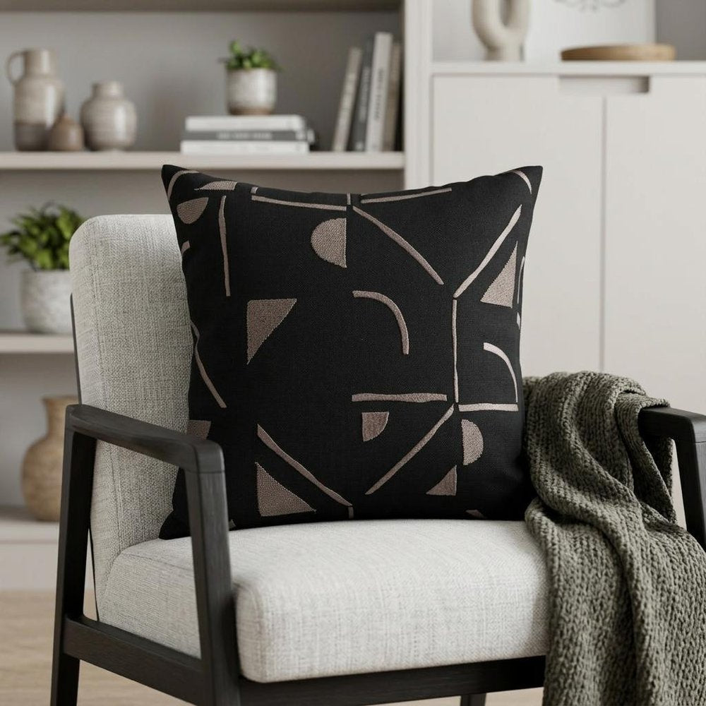 24" Beige and Black Geometric Cotton Blend Throw Pillow With Embroidery