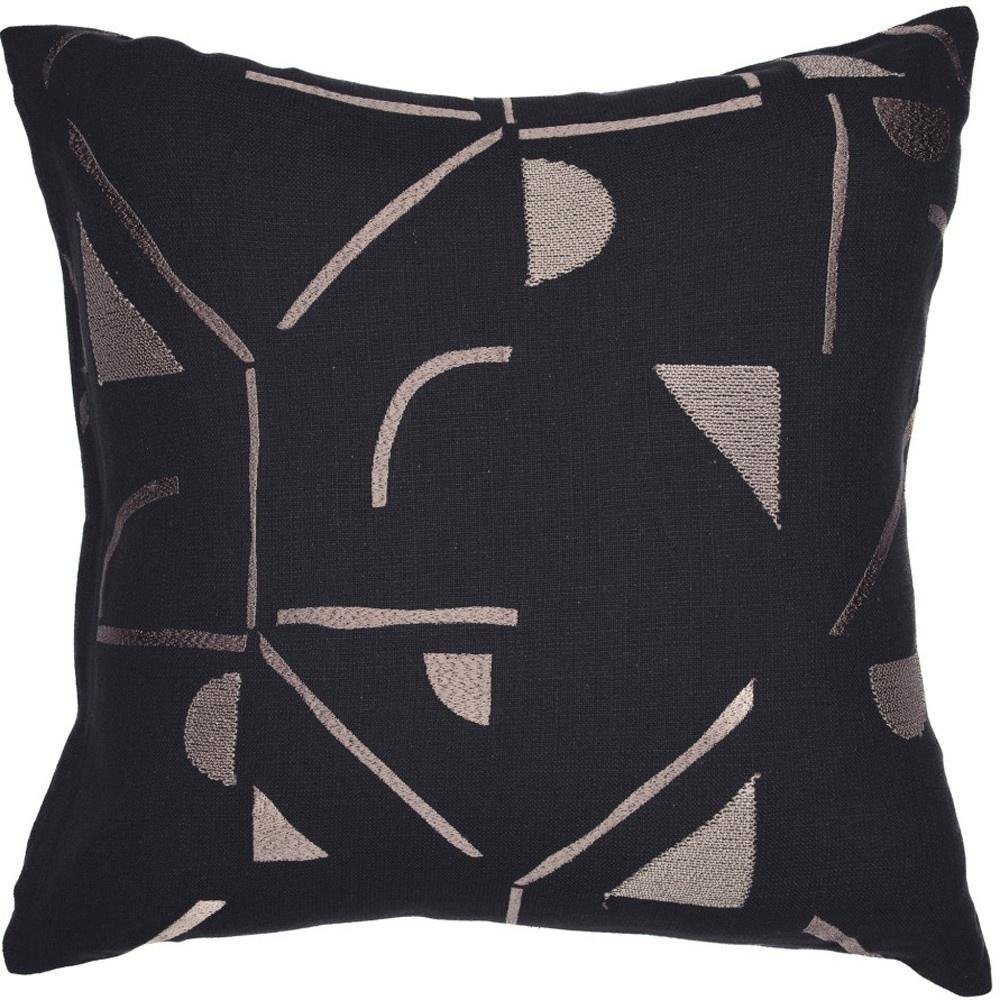 24" Beige and Black Geometric Cotton Blend Throw Pillow With Embroidery