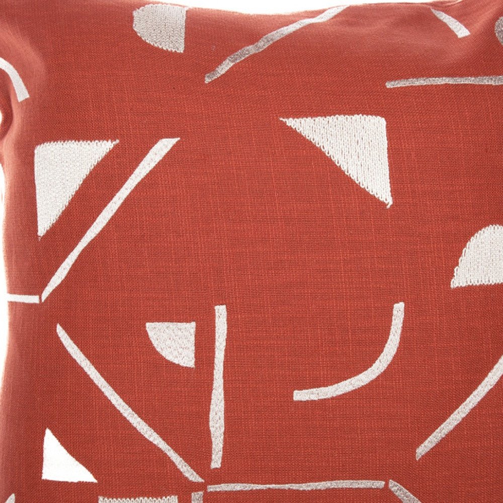 24" Orange and Ivory Geometric Cotton Blend Throw Pillow  With Embroidery