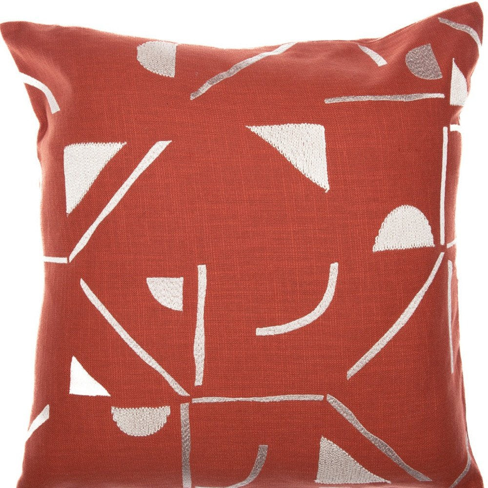 24" Orange and Ivory Geometric Cotton Blend Throw Pillow  With Embroidery