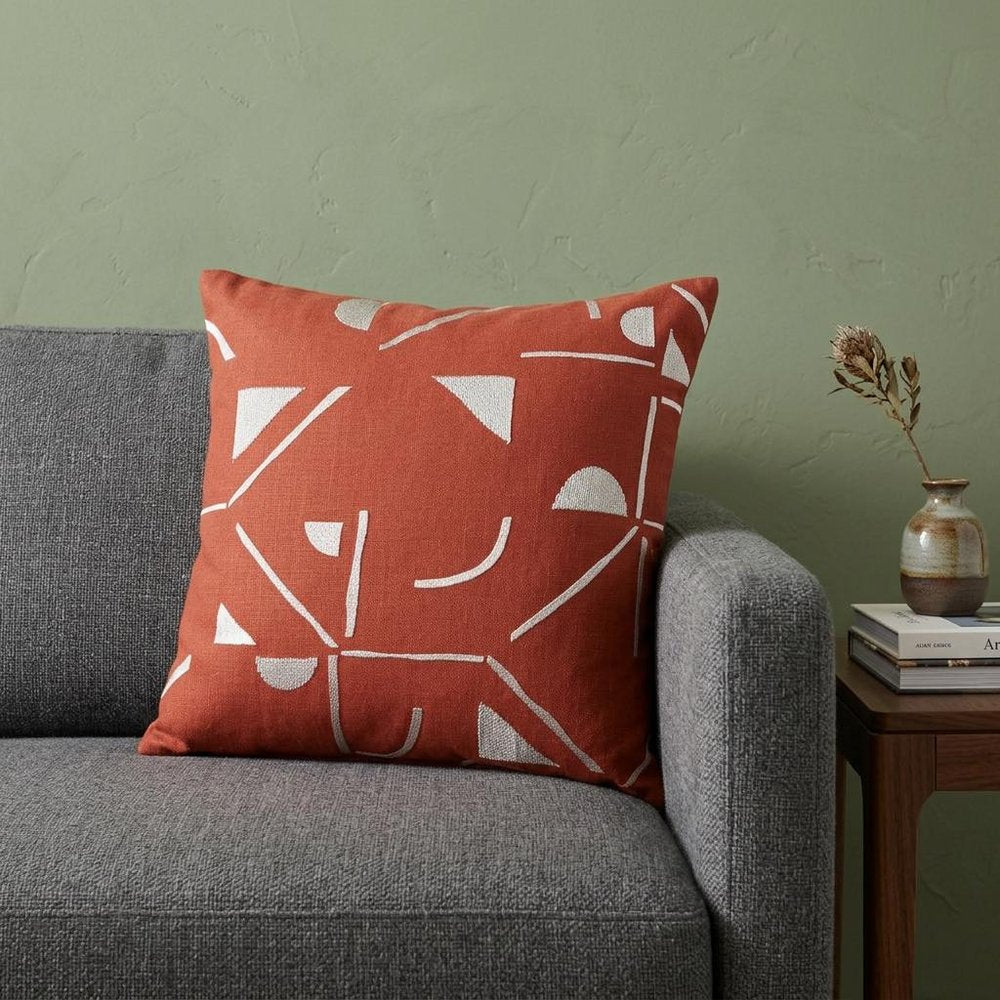 24" Orange and Ivory Geometric Cotton Blend Throw Pillow  With Embroidery