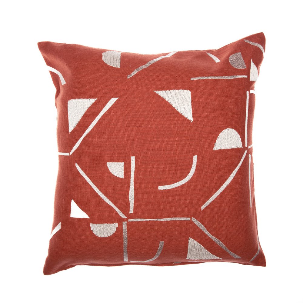 24" Orange and Ivory Geometric Cotton Blend Throw Pillow  With Embroidery