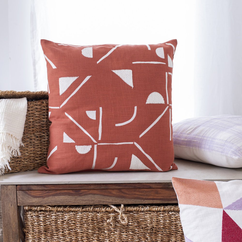 24" Orange and Ivory Geometric Cotton Blend Throw Pillow  With Embroidery