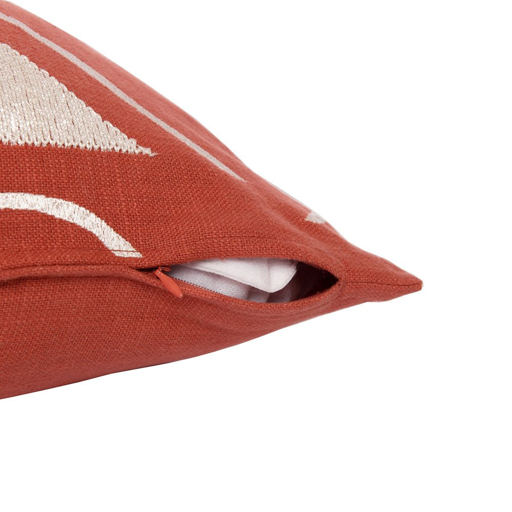 24" Orange and Ivory Geometric Cotton Blend Throw Pillow  With Embroidery