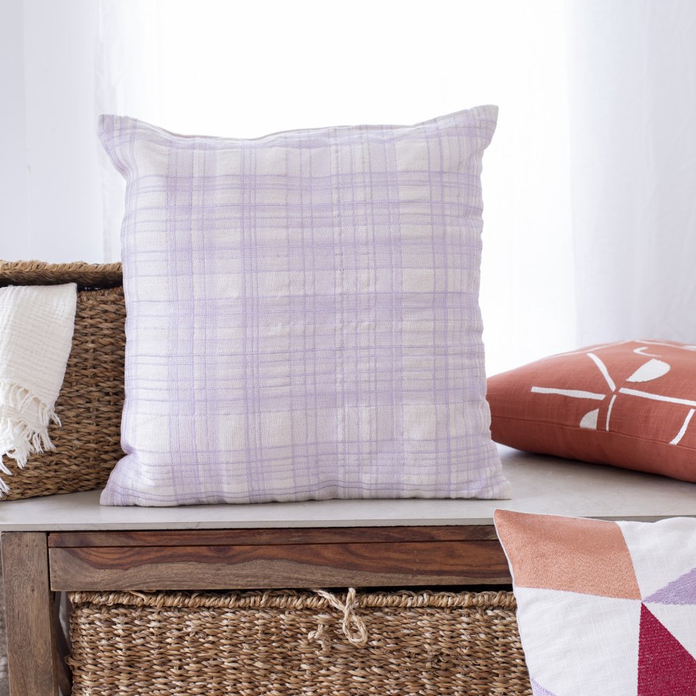 24" Orange and Ivory Geometric Cotton Blend Throw Pillow  With Embroidery