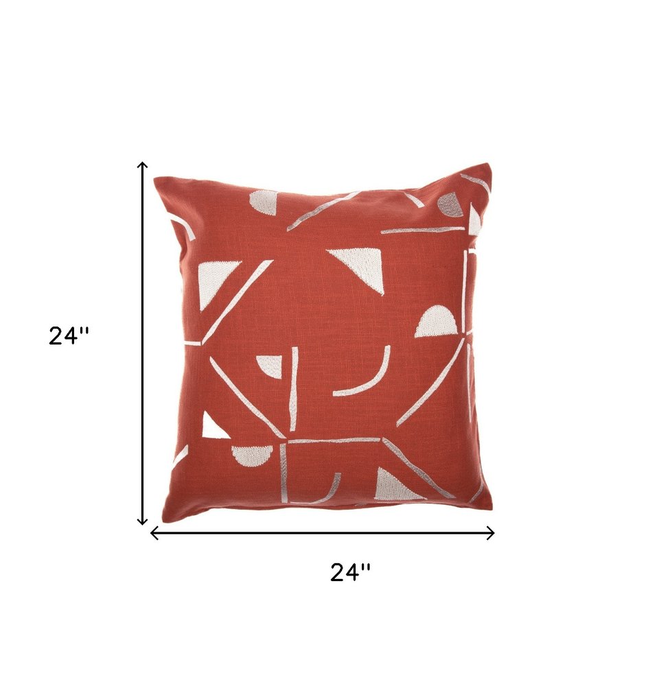 24" Orange and Ivory Geometric Cotton Blend Throw Pillow  With Embroidery