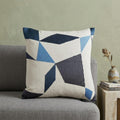 24" Ivory and Blue Geometric Cotton Blend Throw Pillow  With Embroidery