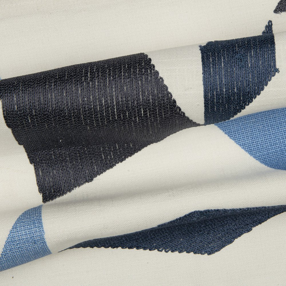 24" Ivory and Blue Geometric Cotton Blend Throw Pillow  With Embroidery