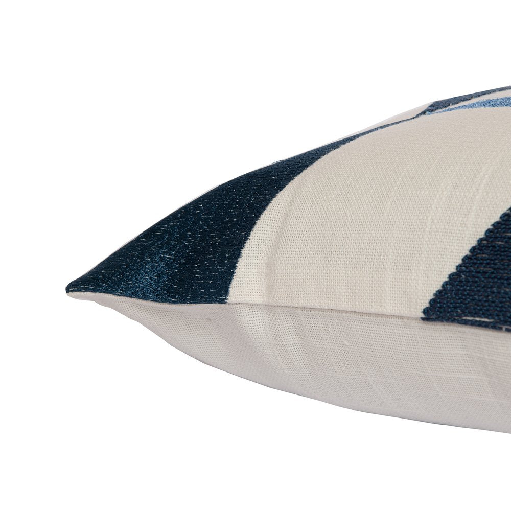 24" Ivory and Blue Geometric Cotton Blend Throw Pillow  With Embroidery